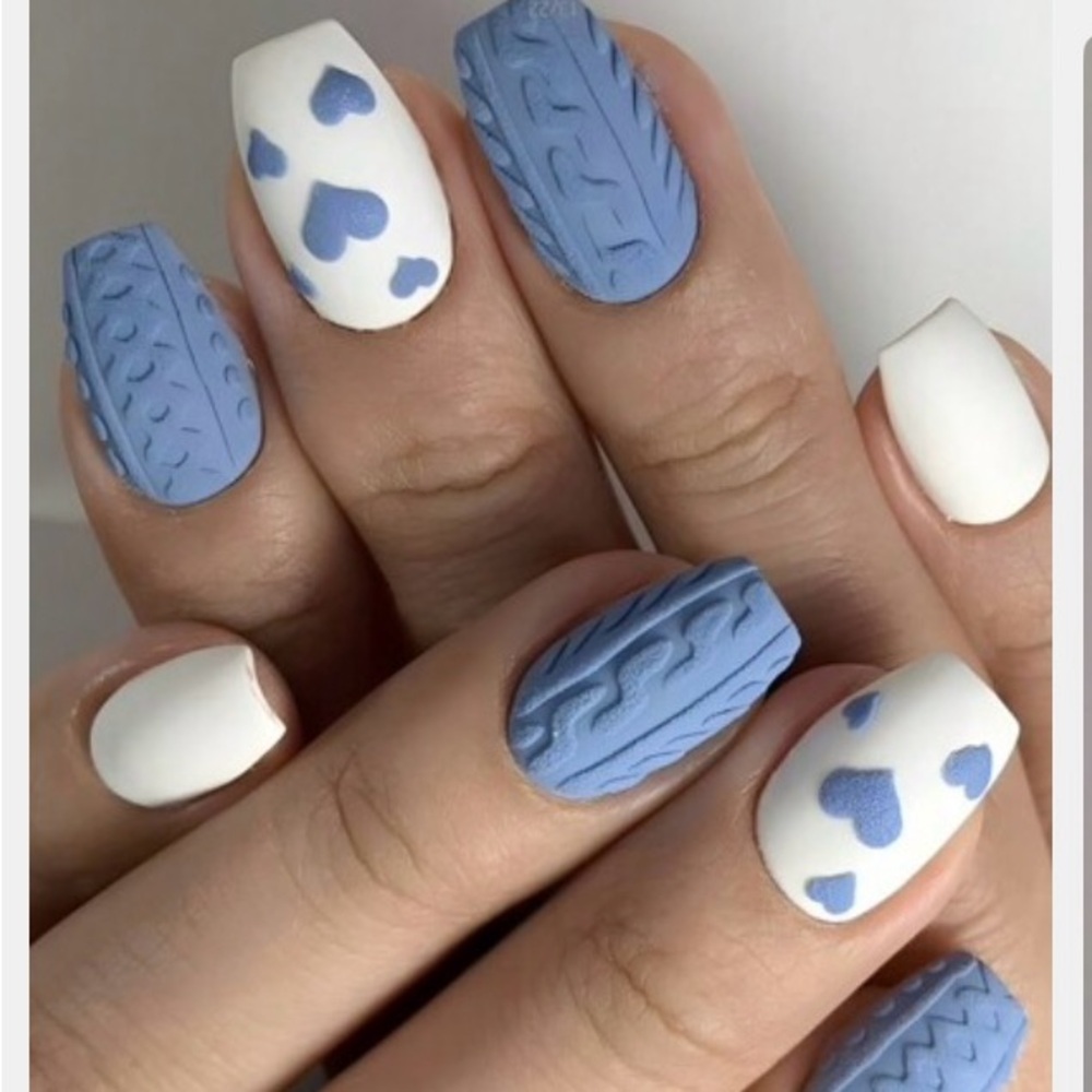 Blue and White Heart Nail Art